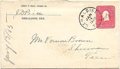 Geraldine TX Archer Co 1905 Postmark