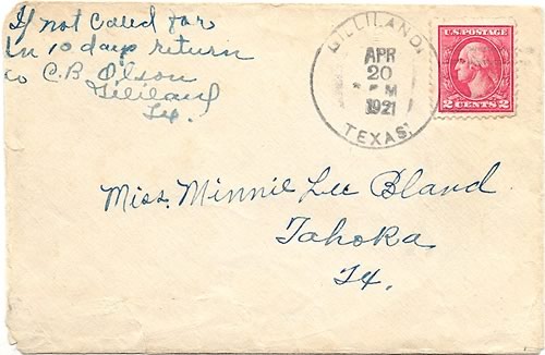 Gilliland, TX,  Knox County - 1921 Postmark 