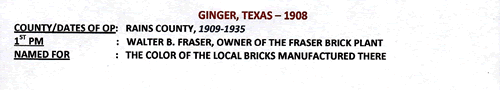 Ginger TX -  1908 Postmark info