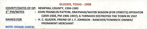 Glazier TX, Hemphill Co, post oflfice info