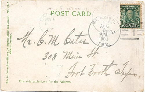 Glazier TX, Hemphill Co,  1908 Postmark