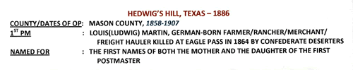 Hedwig's Hill TX Mason County 1886 Postmark 