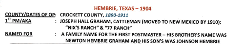 Texas - Hembrie TX Crockett Co 1904 Postmark 