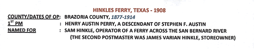 Hinkles Ferry TX - Brazoria County 1908 postmark 