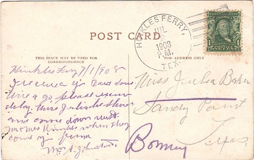 Hinkles Ferry TX - Brazoria County 1908 postmark 