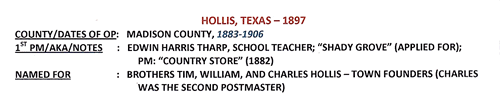 Hollis TX Madison County  1897 Postmark