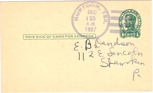 Huntoon, TX Ochiltree County 1937 postmark