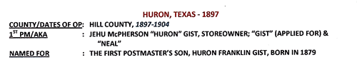 HuronTX, Hill County, 1897 Postmark