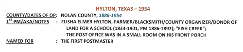 Hylton TX, Nolan County, 1954 Postmark  info
