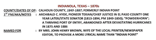 Indianola, TX Calhoun County 1870s town and   post office info