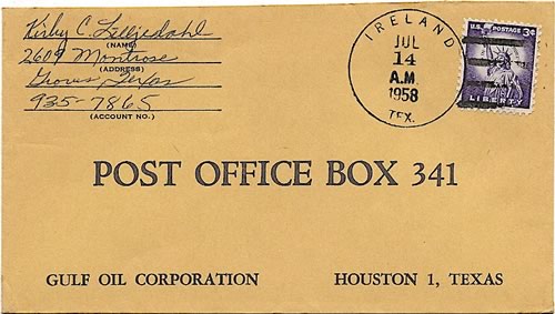 Ireland, TX 1958 postmark