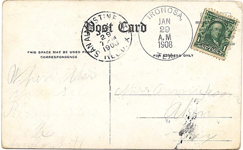 Ironosa, TX San Augustine County 1908 Postmark 