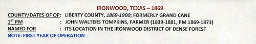 Ironwood, TX - Liberty  County  post office info 