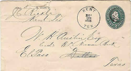  Kent, TX, Culberson County - 1895 Postmark 