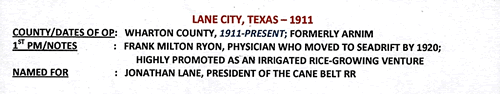 Lane City TX - Wharton County 1911 Postmark 
