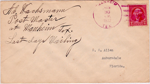 Manheim, TX,  Lee County 1932 Postmark
