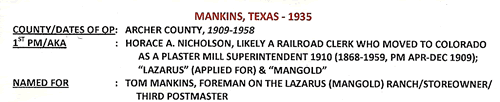 Mankins TX Archer Co 1935 Post office info