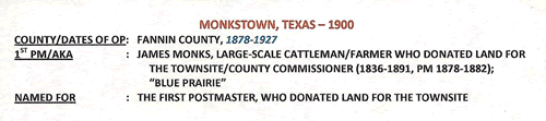 Monkstown, TX Fannin County post office info