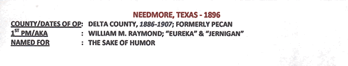 Needmore, TX, Delta County, 1896 postmark info