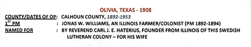 Olivia TX , Calhoun county, 1908 postmark