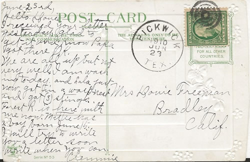 Pickwick TX Palo Pinto County 1910 postmark 