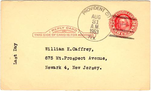 TX - Provident City 1953 postmark