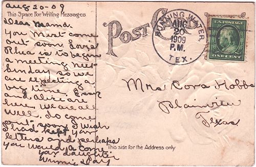 Running Water TX Hale County 1909 postmark