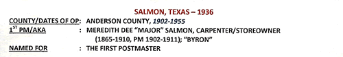 Salmon TX Anderson Co 1936 Postmark