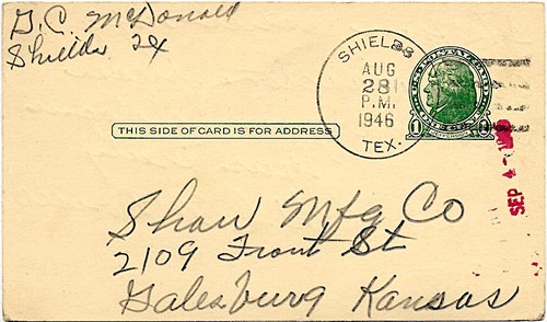 Shields, TX 1946 postmark