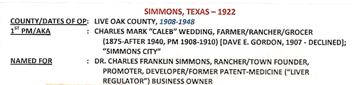 Simmons, TX, Live oak County, 1922 post office info