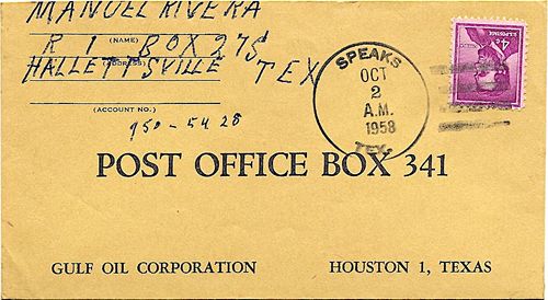 Speaks TX Lavaca Co 1958 Postmark 