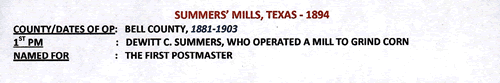 Summer’s Mills, Texas Bell County 1894 Postmark info