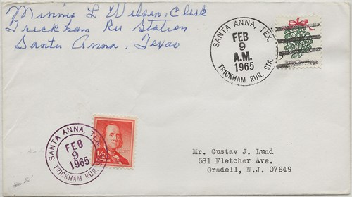  Coleman County, TX - Trickham  Rural Station, Santa Anna Community Post Office  1965 canceled postmark