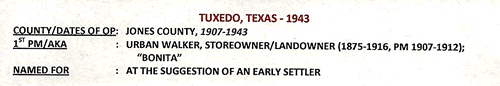 Tuxedo TX - Jones Co 1943 Postmark  info