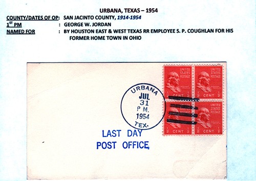 Urbana, TX 1954 last day post office postmark