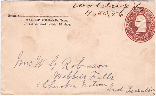 Waldrip TX McCulloch Co 1886 Postmark