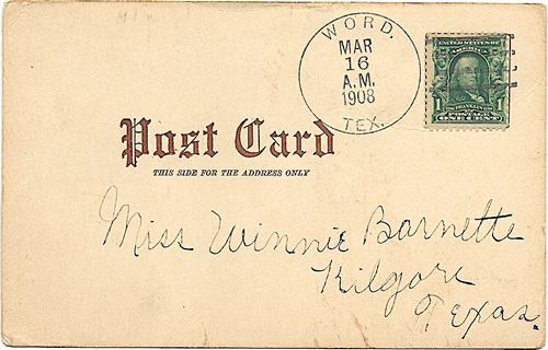 Word, TX, Shelby County, 1908 postmark