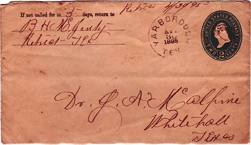 Yarboro, TX Grimes County 1895 Postmark 