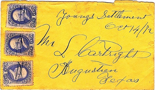 Young's Settlement, TX Bastrop County 1872 Postmark 