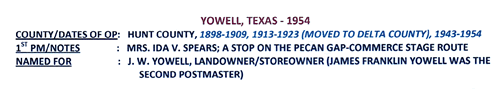 Yowell, TX, Hunt / Delta County,  1954 postmark info
