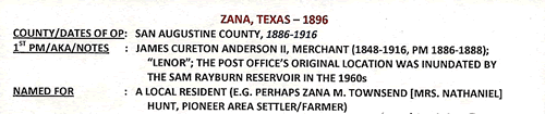 Zana TX San Augustine Co 1896 Postmark 