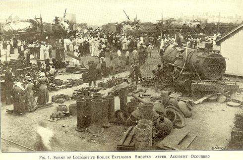  Scene of locomotive boiler explosion, Smithville Texas