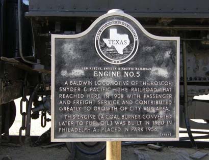 Snyder, TX - Roscoe, Snyder & Pacific Railroad Engine No5 Historical Marker