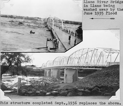 LLano River Bridge washed away by 1935 flood, and 1936 bridge