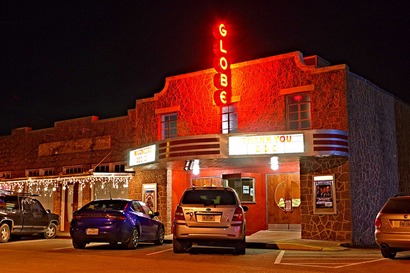 Bertram, TX - Globe Theatre restored marquee night view