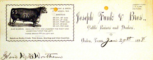  Arden Texas - Joseph Funk & Bros Ranch 1898 letterhead