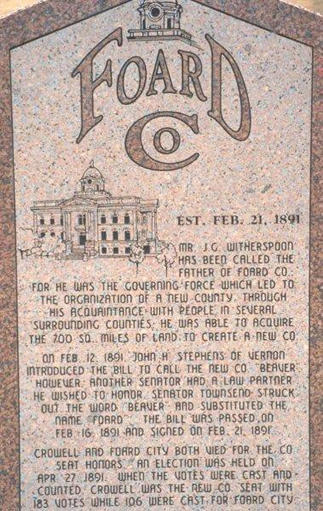 Foard County history on granite monument, Crowell Texas