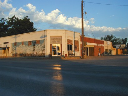 Hawley Texas -Downtown  with white clouds and setting sun