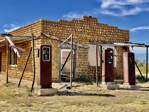 Medicine Mound TX - Old gas station, gas pumps, the W.W. Cobb Building