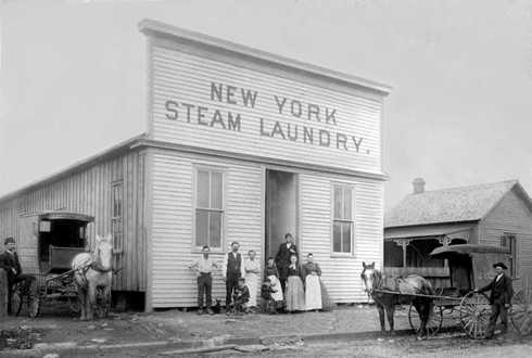 Medicine Mound Texas old photo, New York Steam Laundry, people, horse & buggies